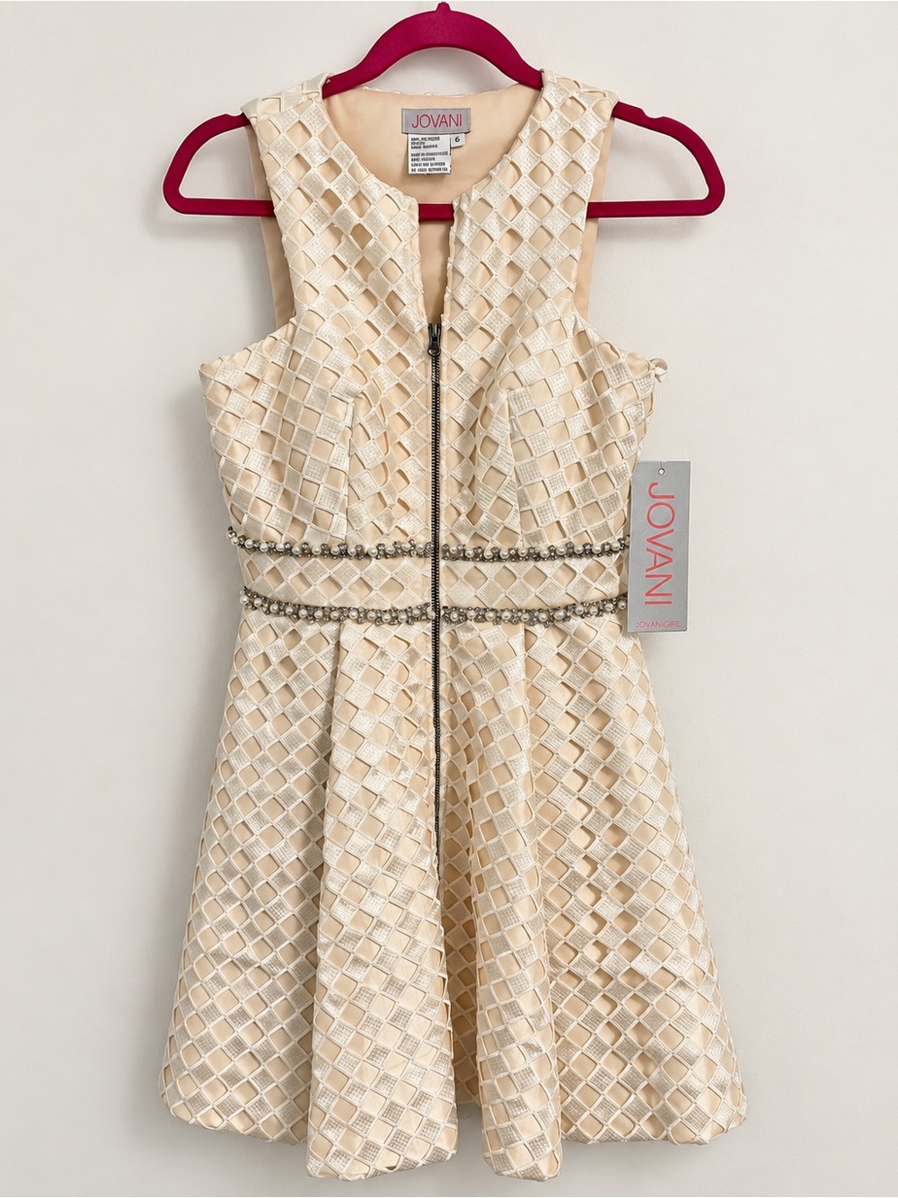 Jovani Cream Textured Mini Dress with Jeweled Waist